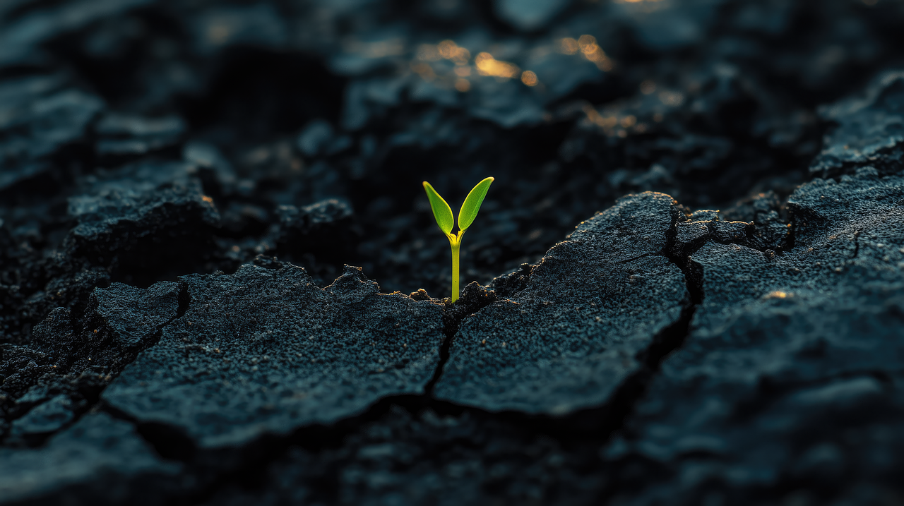 seedling breaking through cracked earth